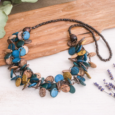 Teal and Golden Round Wood Beaded Three-Strand Necklace