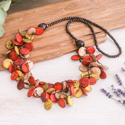 Red and Yellow Round Wood Beaded Three-Strand Necklace
