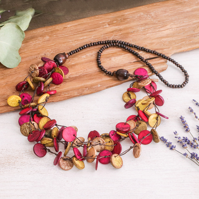 Fuchsia and Golden Round Wood Beaded Three-Strand Necklace