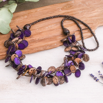 Purple and Brown Round Wood Beaded Three-Strand Necklace