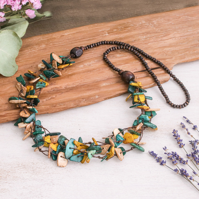 Hand-Painted Teal and Golden Beaded Three-Strand Necklace