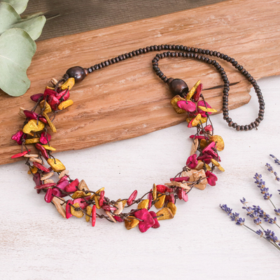 Hand-Painted Fuchsia and Yellow Beaded Three-Strand Necklace