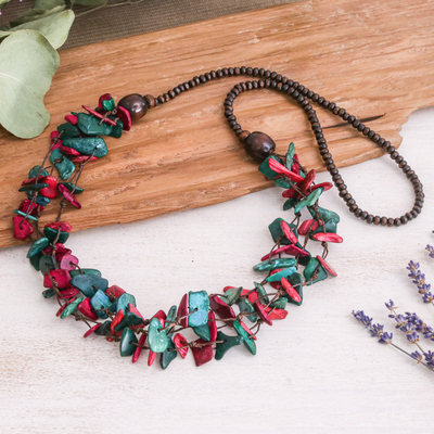 Painted Turquoise and Fuchsia Beaded Three-Strand Necklace