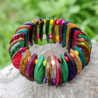 Colorful Coconut Shell Stretch Bracelet with Wooden Beads