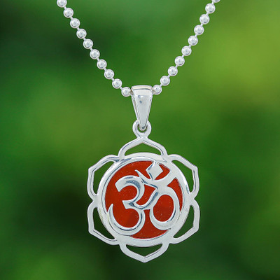 Floral Om-Themed Carnelian Pendant Necklace from Thailand