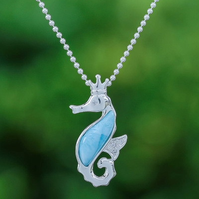 Larimar Cubic Zirconia Silver Seahorse Pendant Necklace