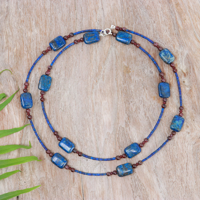 Long Station Necklace with Lapis Lazuli and Garnet Stones