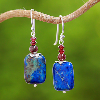 Lapis Lazuli and Garnet Dangle Earrings from Thailand