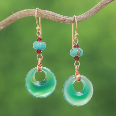 Tropical Glam-Themed Green Onyx and Garnet Dangle Earrings