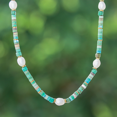 Hematite and Recon Turquoise Necklace with White Pearls