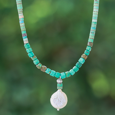 Reconstituted Turquoise Beaded Necklace with Pearl Pendant