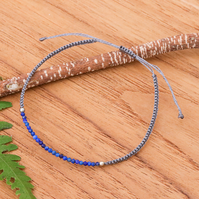 Lapis Lazuli Beaded Pendant Bracelet with Grey Macrame Cord