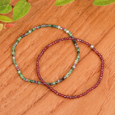 2 Beaded Stretch Bracelets with Garnet and Zoisite Stones