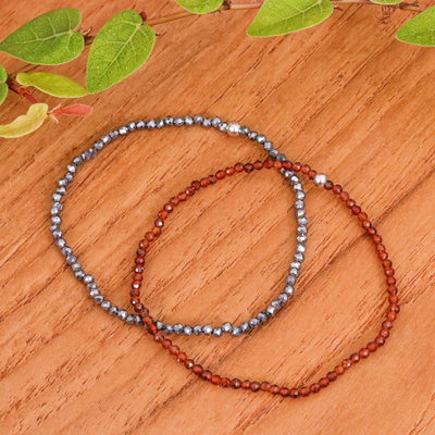 2 Beaded Stretch Bracelets with Chalcedony and Hematite Gems