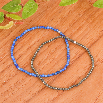 Pair of Lapis Lazuli and Pyrite Beaded Stretch Bracelets