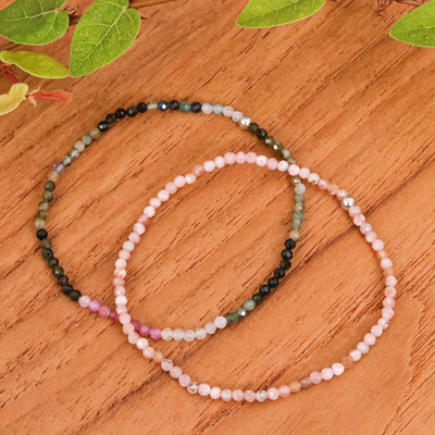 Pair of Rhodochrosite Tourmaline Beaded Stretch Bracelets