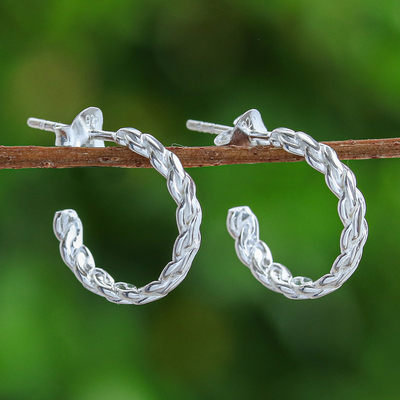 High-Polished Rope-Shaped Sterling Silver Half-Hoop Earrings