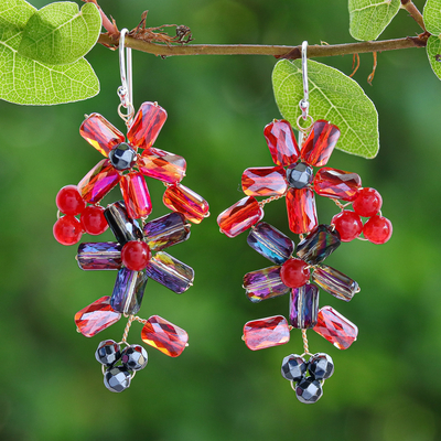 Thai-Made Floral Red Quartz and Glass Beaded Dangle Earrings