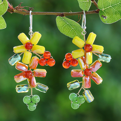 Floral Quartz and Glass Beaded Dangle Earrings from Thailand