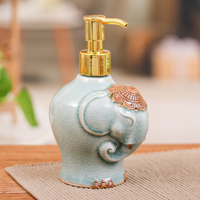 Crackled Celadon Ceramic Elephant Soap Dispenser in Green