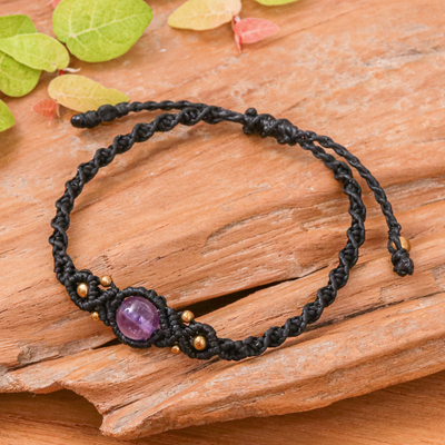 Artisan-Made Black Natural Amethyst Macrame Pendant Bracelet