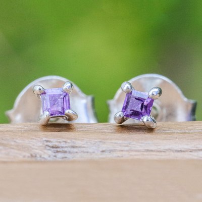 Minimalist Silver Stud Earrings with Square Amethyst Stones