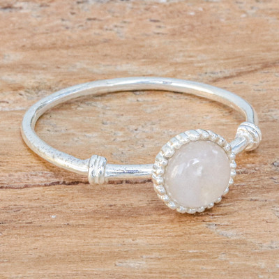 Sterling Silver Solitaire Ring with Round Rainbow Moonstone