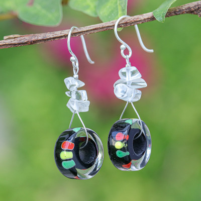 Vibrant Handblown Glass Dangle Earrings with Quartz Chips