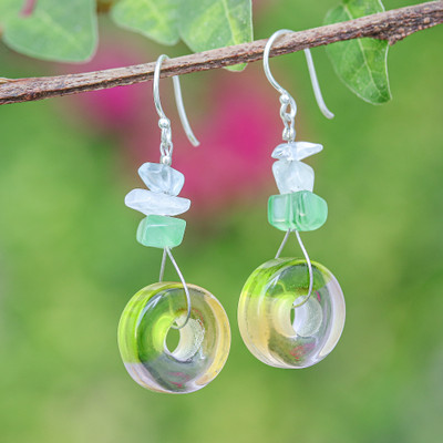 Handblown Glass Dangle Earrings with Bright Quartz Chips