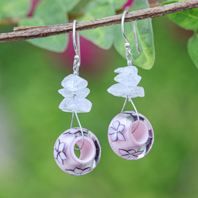 Spring-Themed Glass and Quartz Pink Beaded Dangle Earrings