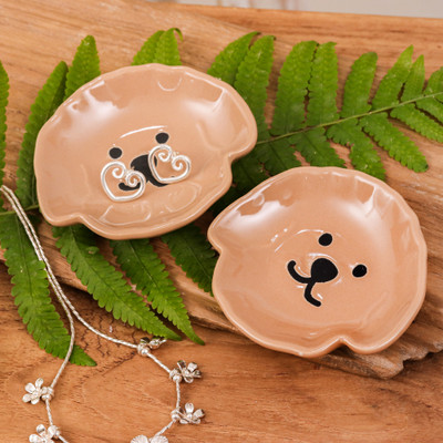 Poodle Puppy-Themed Glazed Ceramic Catchall Pair in Brown