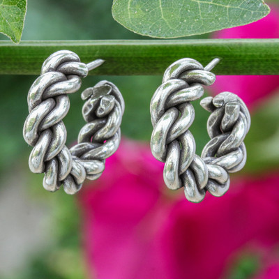 Braided Twisted Oxidized-Finished Silver Half-Hoop Earrings