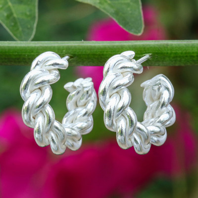 Matte-Finished Braided Twisted Silver Half-Hoop Earrings