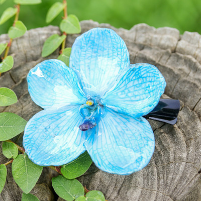 Glossy Resin-Coated Blue Natural Orchid Metallic Hair Clip