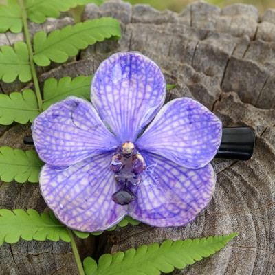 Natural Purple Orchid Resin-Coated Hair Clip from Thailand