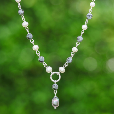 Cultured Pearl Hematite Sterling Silver Y Pendant Necklace