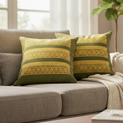 2 Green and Golden-Hued Brocade Cotton Cushion Covers