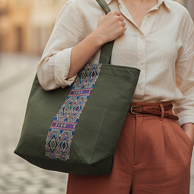 Green Cotton Tote Bag with Handwoven Thai Folk Art Accent