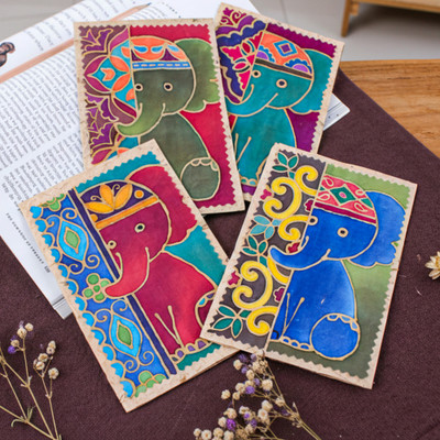 4-Piece Batik Cotton and Paper Elephant Greeting Card Set