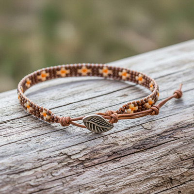 Earthy Palette Leather and Glass Beaded Leafy Wrap Bracelet