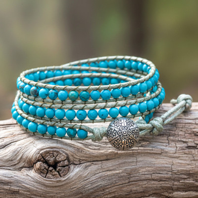 Oxidized Floral Leather-Accented Blue Howlite Wrap Bracelet