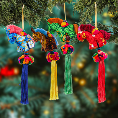 Embroidered 4-Piece Rayon and Cotton Horse Ornament Set