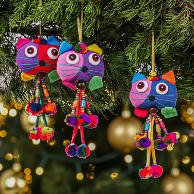 Cat-Inspired Whimsical 3-Piece Colorful Cotton Ornament Set