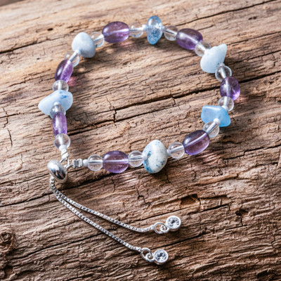 Silver-Plated Brass Beaded Bracelet with Amethyst and Quartz