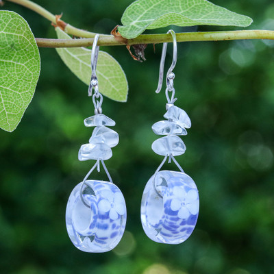 Floral Glass and Quartz Beaded Dangle Earrings in Lavender