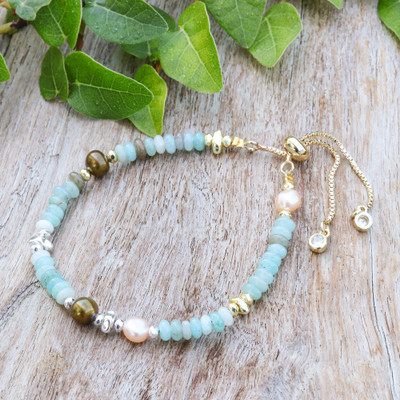 Cool-Palette Adjustable Multi-Gemstone Beaded Pearl Bracelet