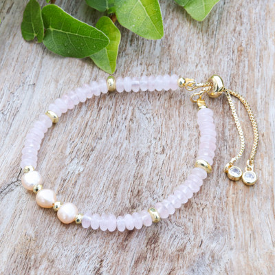 Multi-Gemstone Peach Pearl Beaded Bracelet in Pink Hues