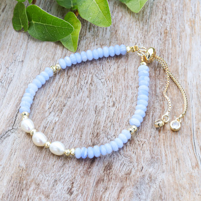 Thai Multi-Gemstone Cream Pearl Beaded Bracelet in Blue Hues