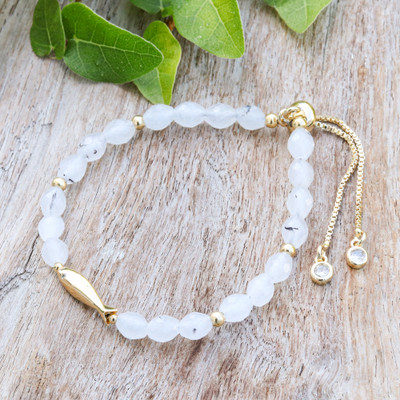 Birthstone Moonstone Beaded Bracelet with Brass Fish Pendant