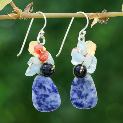 Artisan-Made Sodalite and Quartz Cluster Dangle Earrings